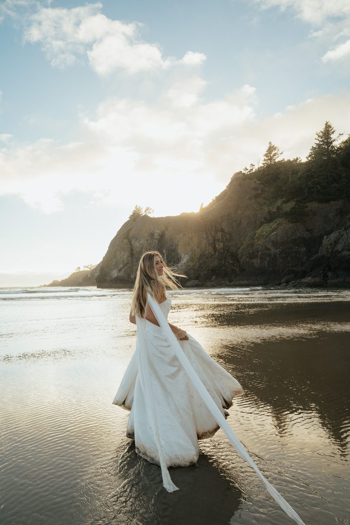bridal portrait at sunset on the oregon coast at agate beach